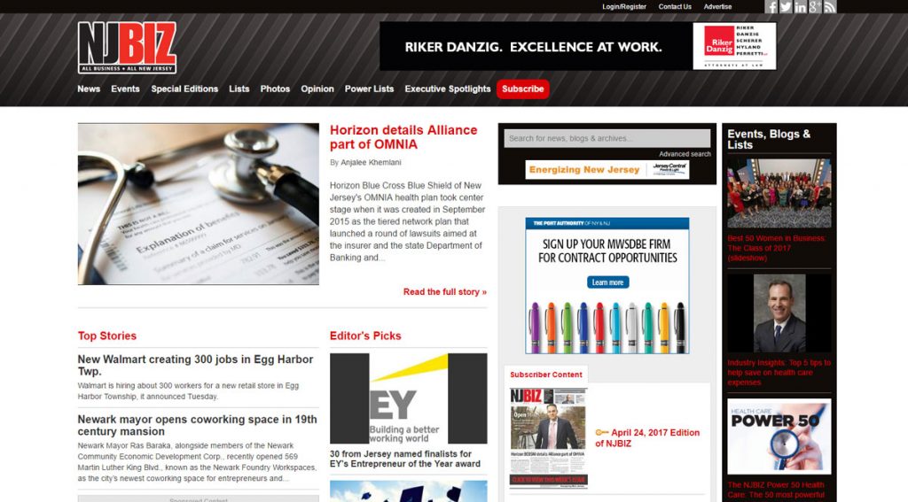 NJBIZ homepage for desktop. The dark column to the far right only loads for screens wide enough to handle it.
